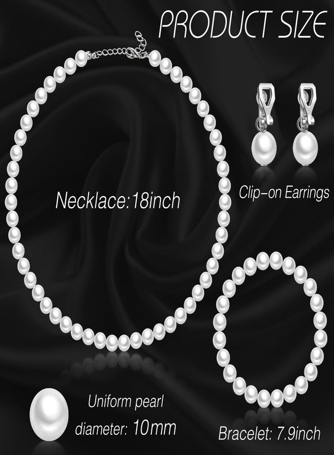 Aurelema 3 Pcs Christmas Pearl Jewelry Sets 1920s Women Faux Pearl Necklace Bracelet Kids Clip on Earrings for Women Girls(10 mm,White) - Image 3